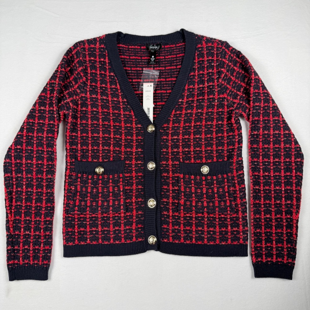 AQUA Tweed Knit Cardigan Small Navy Red Gold Metallic Preppy Dark Academia Chic